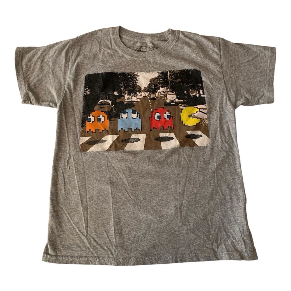 Pac-Man Abbey Road Beatles Parody Graphic T-Shirt Gray Boys Youth Large 10/12